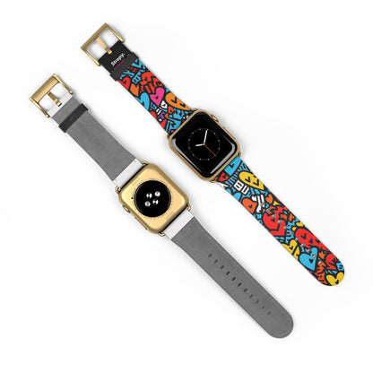 Motif de visages de coeur colorés de lignes audacieuses abstraites - Bracelet/Bande Apple Watch en cuir