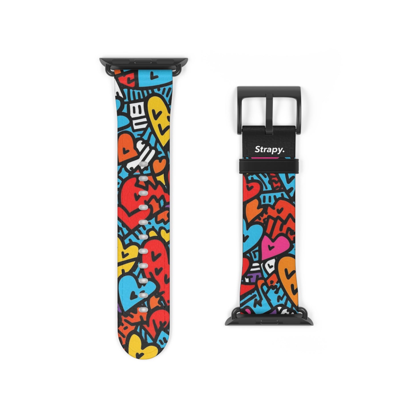 Abstract Keith Haring Homage Bold Lines Colorful Heart Faces Pattern Leather Apple Watch Band