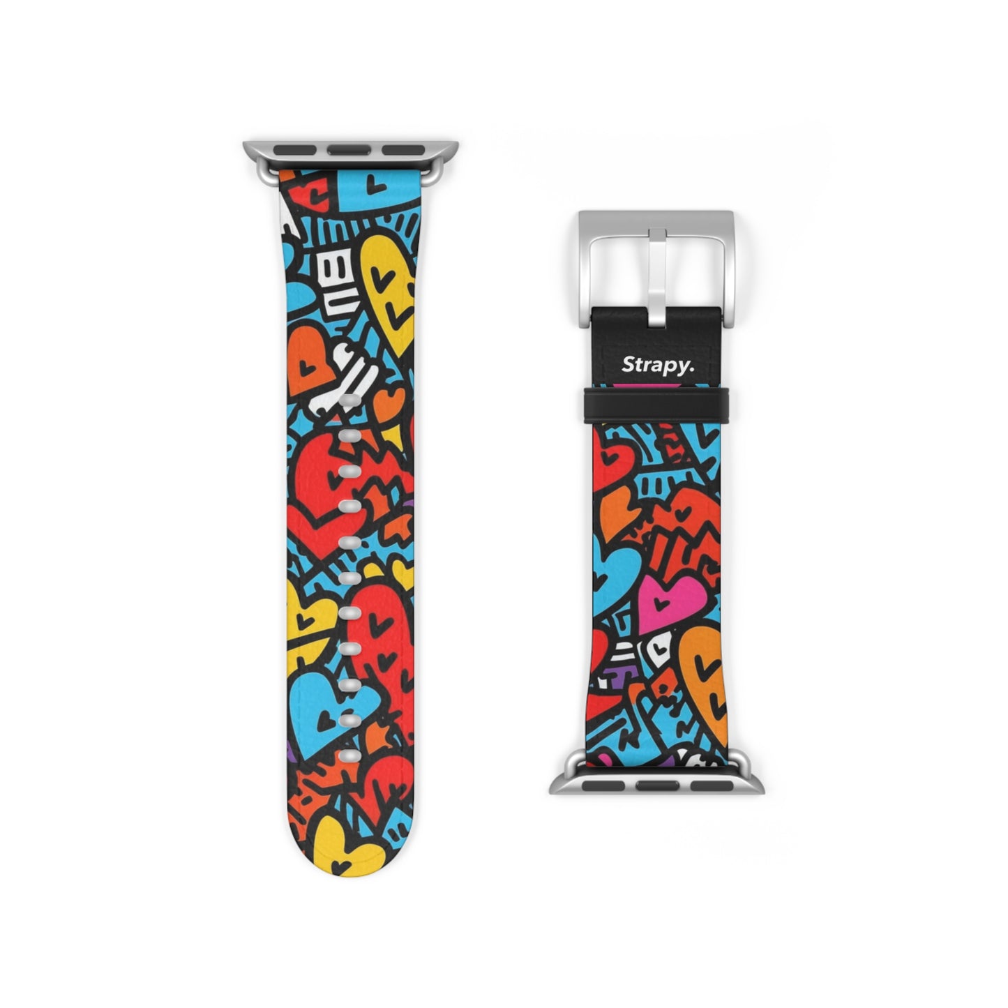 Abstract Keith Haring Homage Bold Lines Colorful Heart Faces Pattern Leather Apple Watch Band