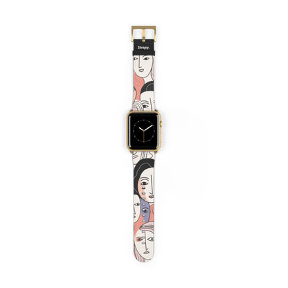 Abstract Minimalist Drawing Pastel Women Faces Pattern - Leather Apple Watch Strap/Band