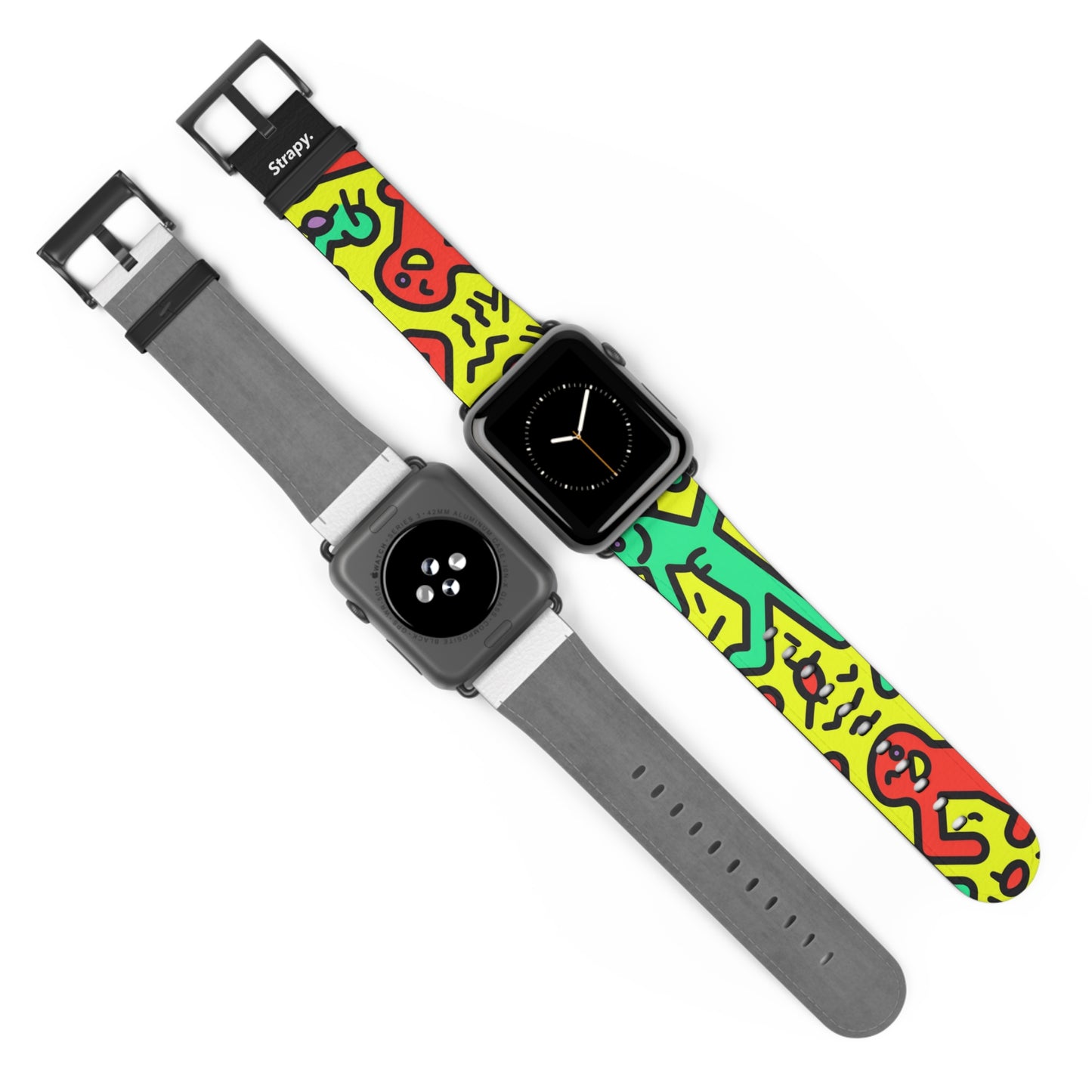 Abstraktes tanzendes, kräftiges geometrisches Linienmuster im Keith-Haring-Stil – Apple-Watch-Armband/Armband aus Leder