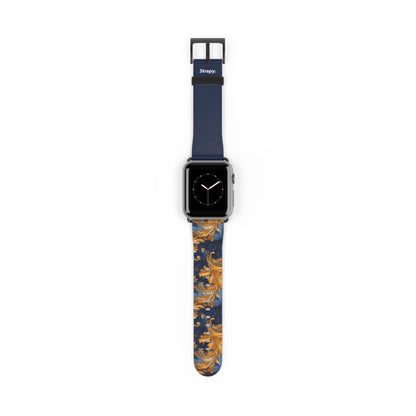 Victorian Baroque Golden & Dark Blue Royal Floral Pattern - Leather Apple Watch Strap/Band