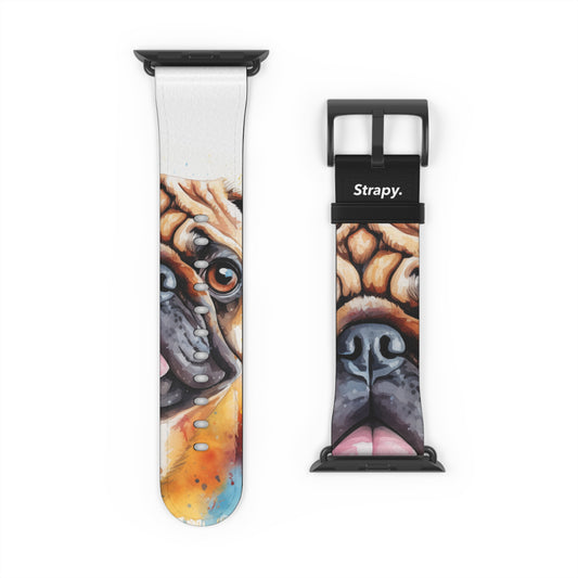 Aquarela Pug Dog Love - Leather Apple Watch Band