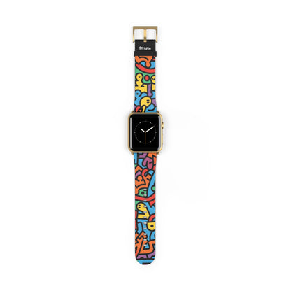 Abstraktes Regenbogen-Glück, kräftiges geometrisches Linienmuster im Keith-Haring-Stil – Apple-Watch-Armband/Armband aus Leder