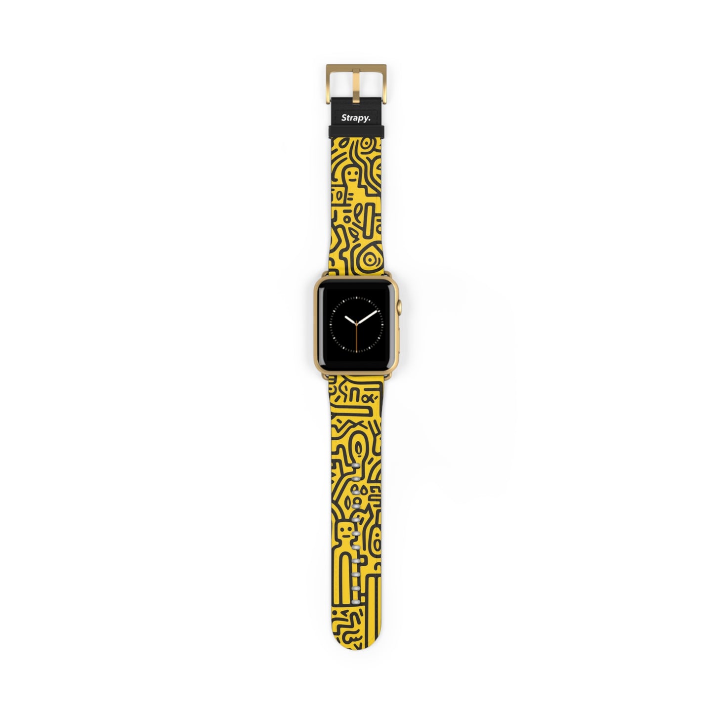 Abstract Keith Haring Homage Yellow Happiness Bold Geometric Line Pattern Leather Apple Watch Band