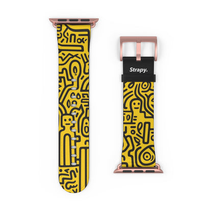 Abstract Keith Haring Homage Yellow Happiness Bold Geometric Line Pattern Leather Apple Watch Band