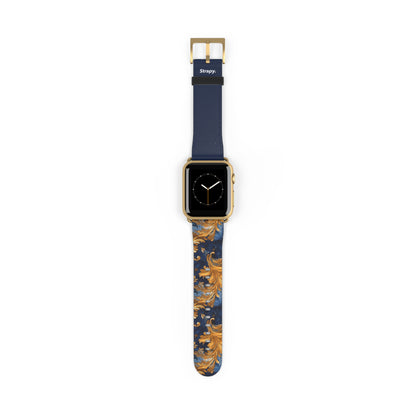 Victorian Baroque Golden & Dark Blue Royal Floral Pattern - Leather Apple Watch Strap/Band