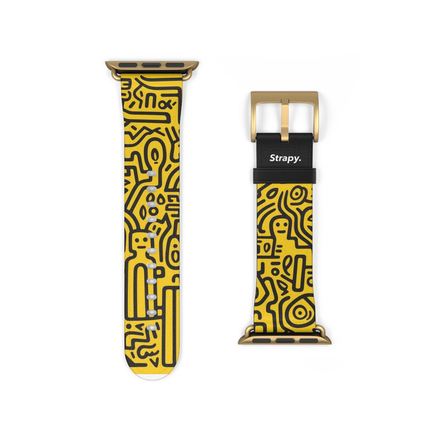 Abstract Keith Haring Homage Yellow Happiness Bold Geometric Line Pattern Leather Apple Watch Band