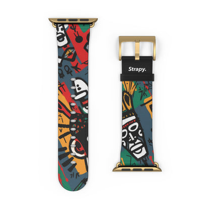 Abstraktes Muster im Basquiat-Stil des afrikanischen Stammes – Apple-Watch-Armband/Armband aus Leder