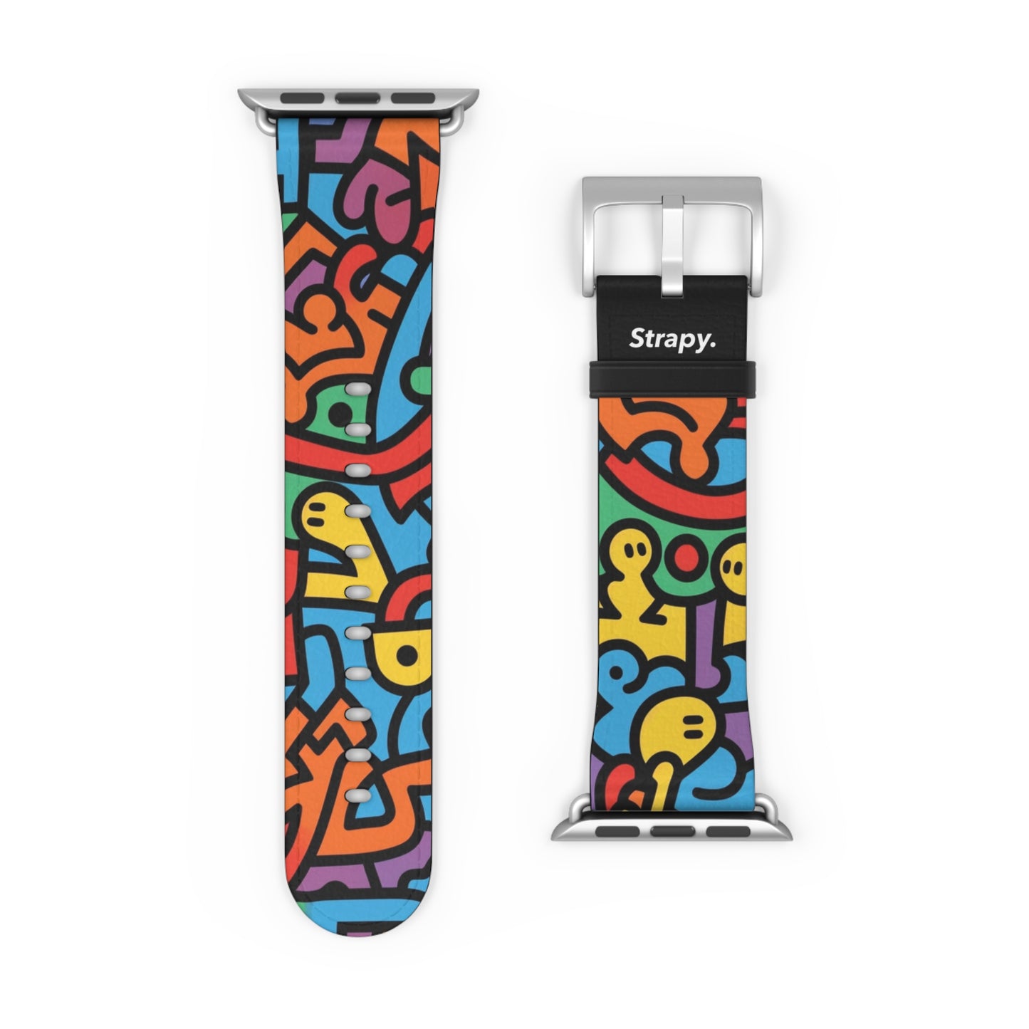 Abstraktes Regenbogen-Glück, kräftiges geometrisches Linienmuster im Keith-Haring-Stil – Apple-Watch-Armband/Armband aus Leder