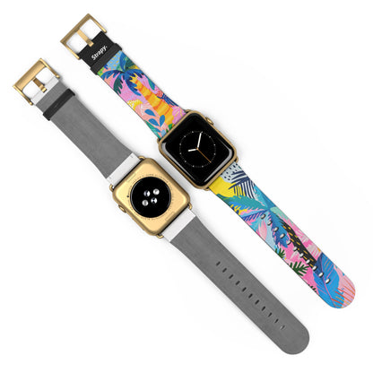 Summer Beach Palms Contemporary Pattern Leather Apple Watch Band