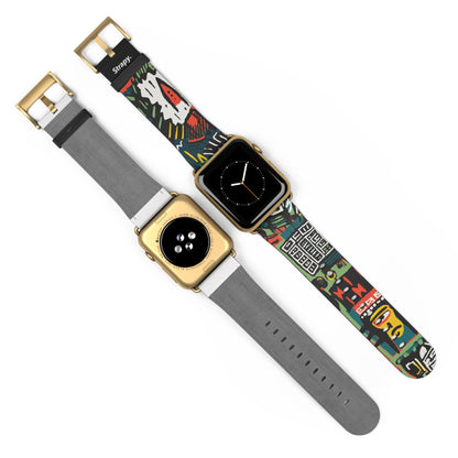 Abstract For The Culture Geometrisches Muster im Basquiat-Stil – Apple-Watch-Armband/Armband aus Leder