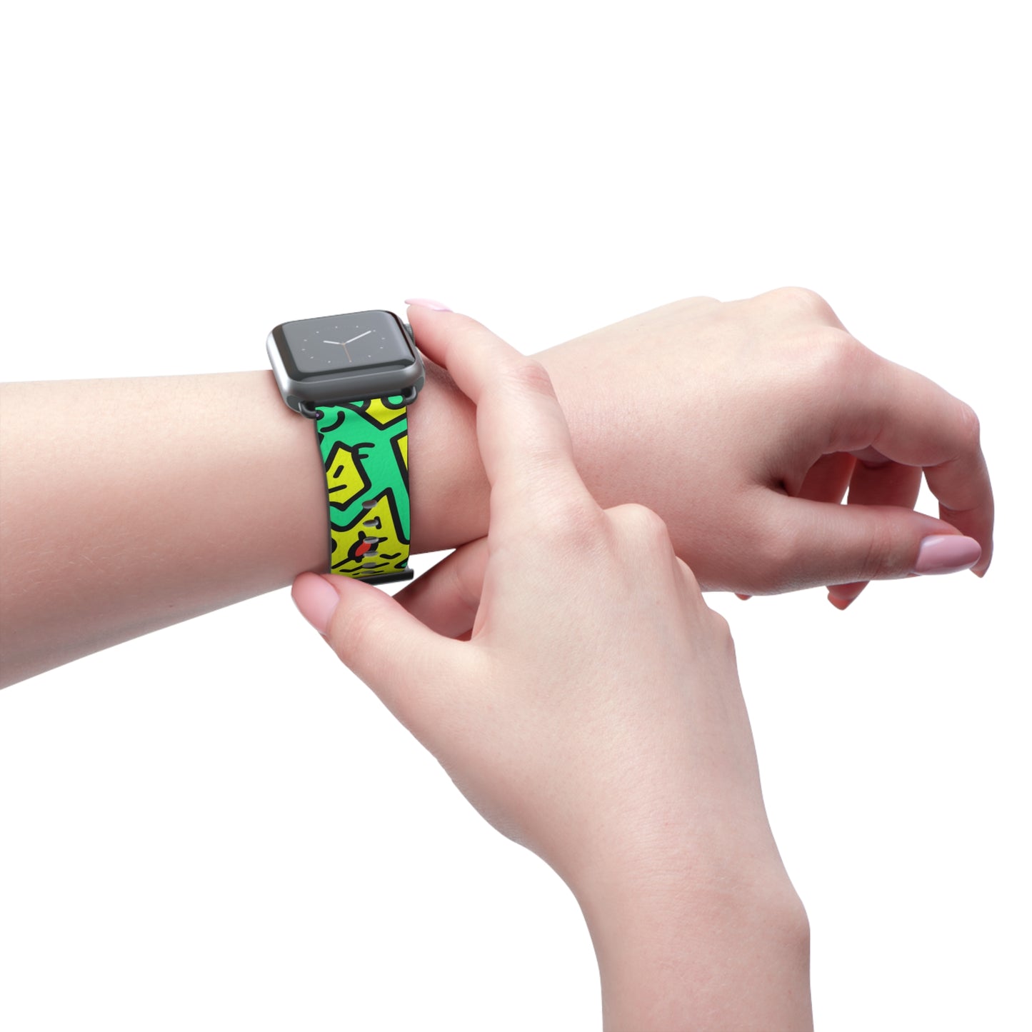 Abstraktes tanzendes, kräftiges geometrisches Linienmuster im Keith-Haring-Stil – Apple-Watch-Armband/Armband aus Leder