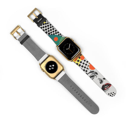 Abstrakte Comic-Art-Pop-Frauen-Polka-Gesichter-Muster – Apple-Watch-Armband/Armband aus Leder