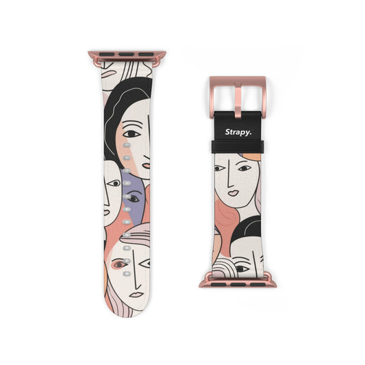 Abstract Minimalist Drawing Pastel Women Faces Pattern - Leather Apple Watch Strap/Band