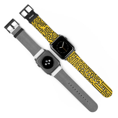 Abstract Keith Haring Homage Yellow Happiness Bold Geometric Line Pattern Leather Apple Watch Band