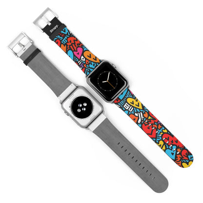 Motif de visages de coeur colorés de lignes audacieuses abstraites - Bracelet/Bande Apple Watch en cuir