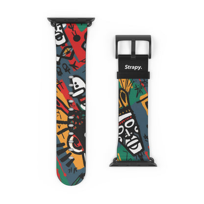 Modèle abstrait de style Basquiat de la tribu africaine - Bracelet/Bande Apple Watch en cuir