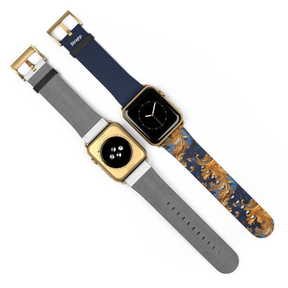 Victorian Baroque Golden & Dark Blue Royal Floral Pattern - Leather Apple Watch Strap/Band