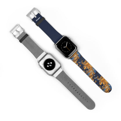 Victorian Baroque Golden & Dark Blue Royal Floral Pattern - Leather Apple Watch Strap/Band