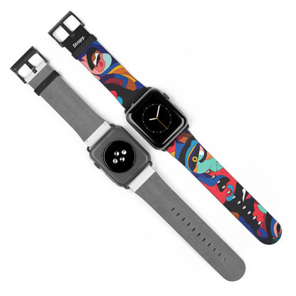 Surreales buntes Dali-Gesichtermuster – Lederarmband für die Apple Watch