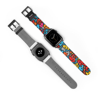 Abstract Keith Haring Homage Bold Lines Colorful Heart Faces Pattern Leather Apple Watch Band