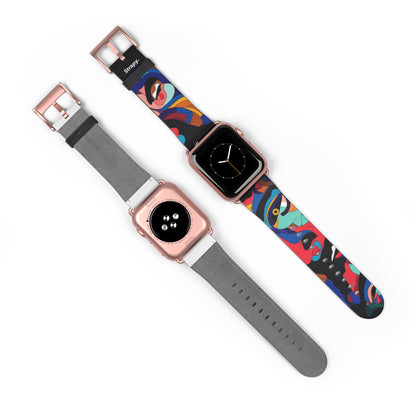 Surreales buntes Dali-Gesichtermuster – Lederarmband für die Apple Watch