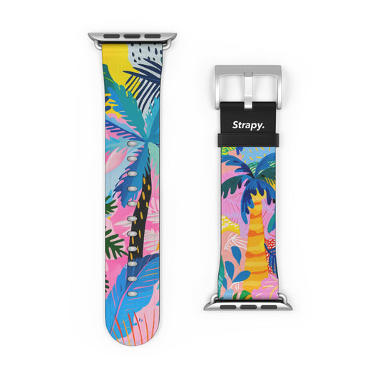 Summer Beach Palms Contemporary Pattern Leather Apple Watch Band