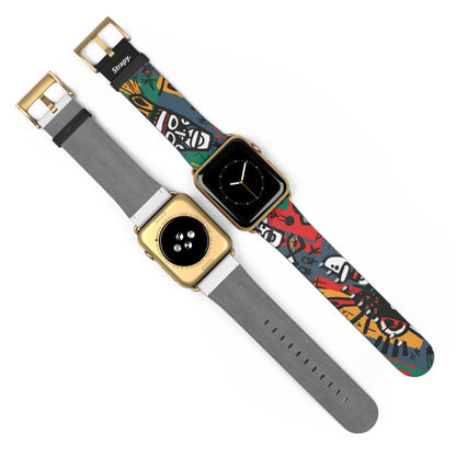 Modèle abstrait de style Basquiat de la tribu africaine - Bracelet/Bande Apple Watch en cuir