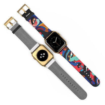 Surreales buntes Dali-Gesichtermuster – Lederarmband für die Apple Watch