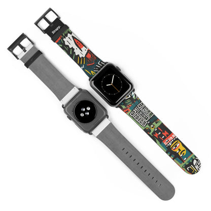 Abstract For The Culture Geometrisches Muster im Basquiat-Stil – Apple-Watch-Armband/Armband aus Leder