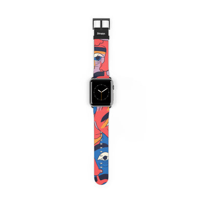 Motif de visages de moustache colorés surréalistes - Bracelet/Bande Apple Watch en cuir