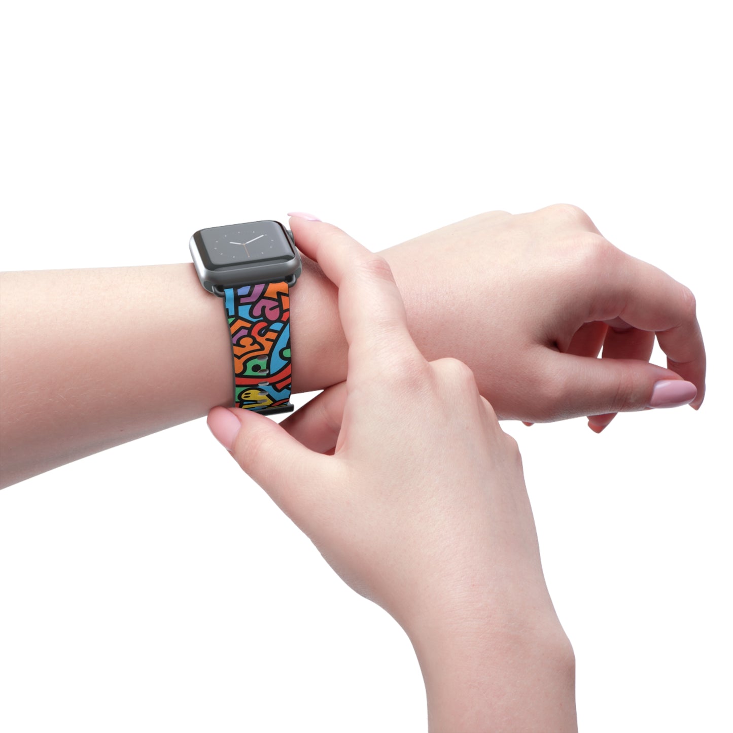 Abstraktes Regenbogen-Glück, kräftiges geometrisches Linienmuster im Keith-Haring-Stil – Apple-Watch-Armband/Armband aus Leder