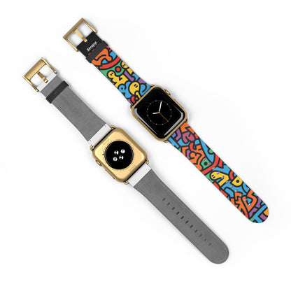 Motif de ligne de style Keith Harring géométrique abstrait bonheur arc-en-ciel - Bracelet/bande de montre Apple en cuir