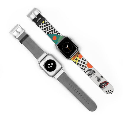 Abstrakte Comic-Art-Pop-Frauen-Polka-Gesichter-Muster – Apple-Watch-Armband/Armband aus Leder