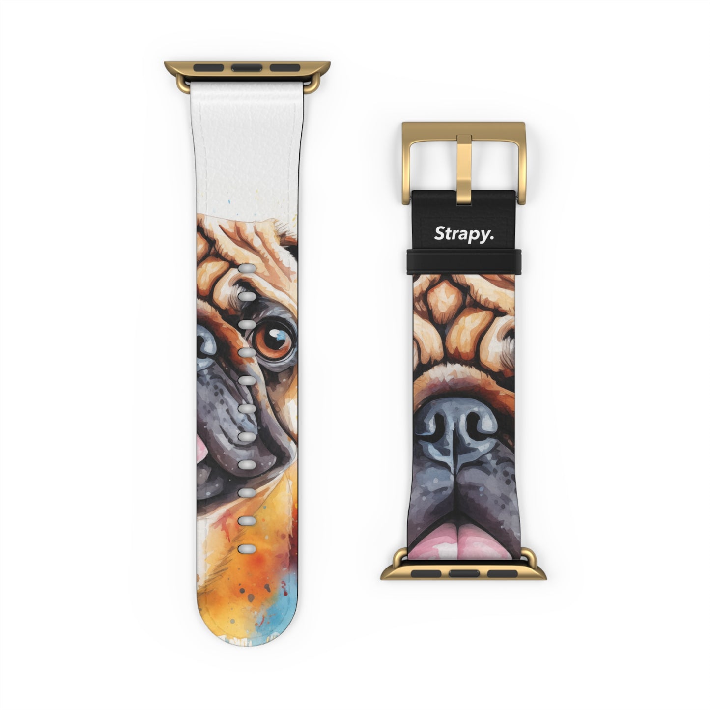 Aquarela Pug Dog Love - Leather Apple Watch Band