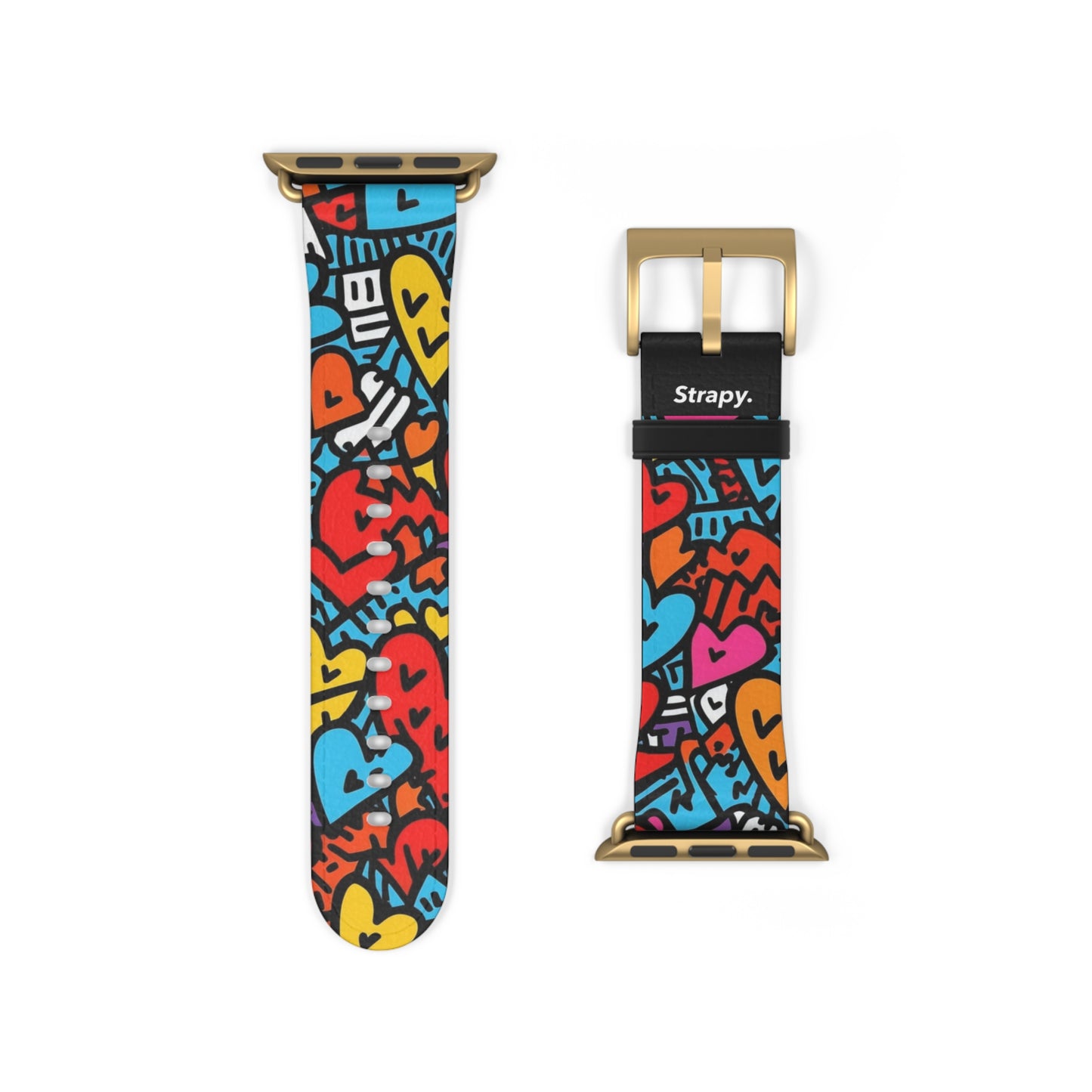 Abstract Keith Haring Homage Bold Lines Colorful Heart Faces Pattern Leather Apple Watch Band