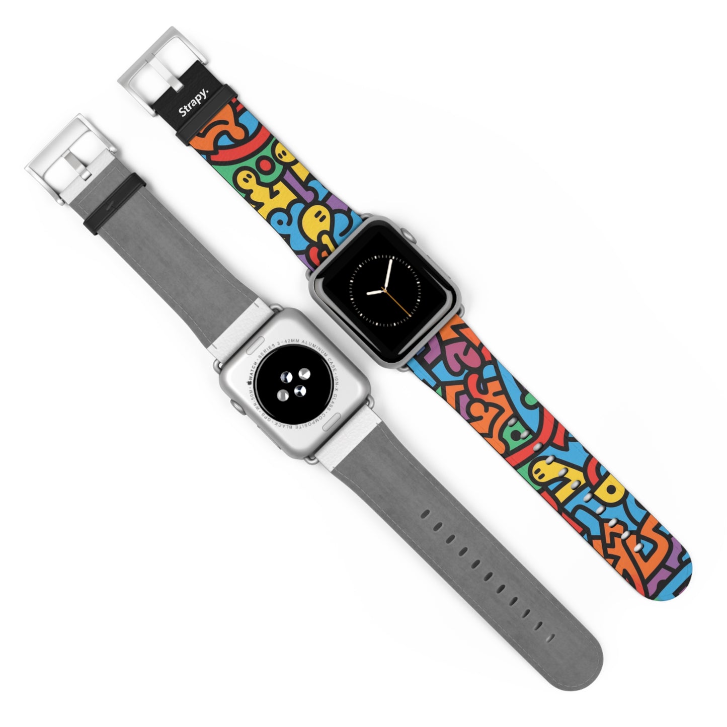 Abstraktes Regenbogen-Glück, kräftiges geometrisches Linienmuster im Keith-Haring-Stil – Apple-Watch-Armband/Armband aus Leder