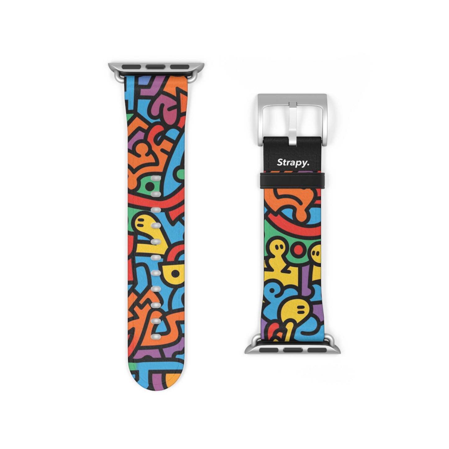 Abstraktes Regenbogen-Glück, kräftiges geometrisches Linienmuster im Keith-Haring-Stil – Apple-Watch-Armband/Armband aus Leder