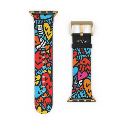 Abstract Keith Haring Homage Bold Lines Colorful Heart Faces Pattern Leather Apple Watch Band