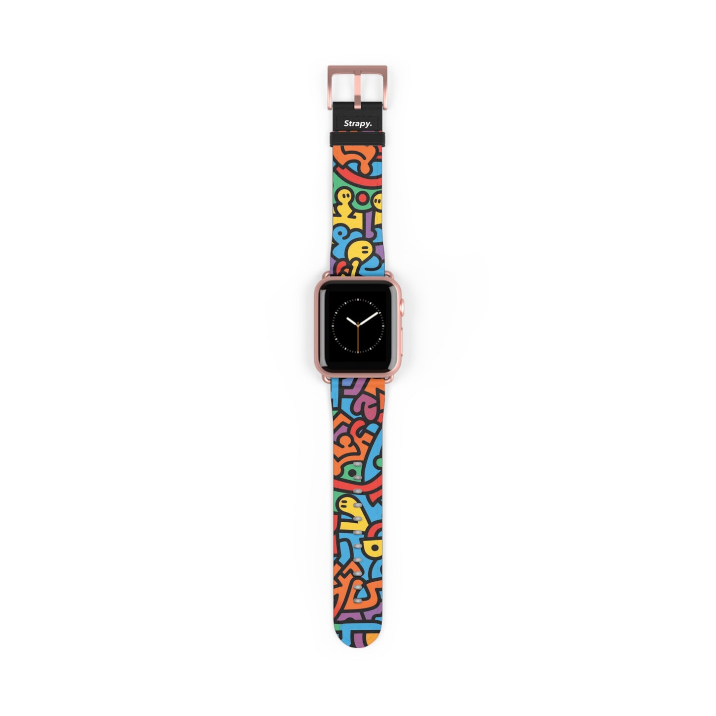 Abstraktes Regenbogen-Glück, kräftiges geometrisches Linienmuster im Keith-Haring-Stil – Apple-Watch-Armband/Armband aus Leder