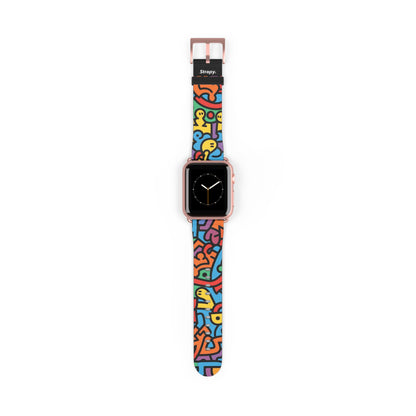 Motif de ligne de style Keith Harring géométrique abstrait bonheur arc-en-ciel - Bracelet/bande de montre Apple en cuir