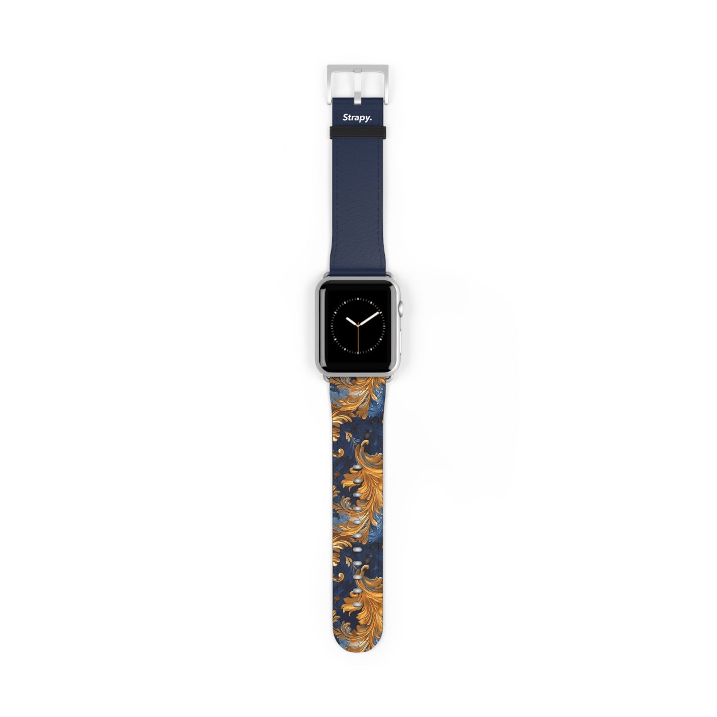 Victorian Baroque Golden & Dark Blue Royal Floral Pattern - Leather Apple Watch Strap/Band