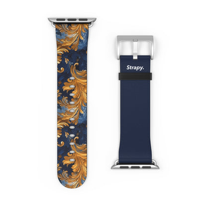 Victorian Baroque Golden & Dark Blue Royal Floral Pattern - Leather Apple Watch Strap/Band