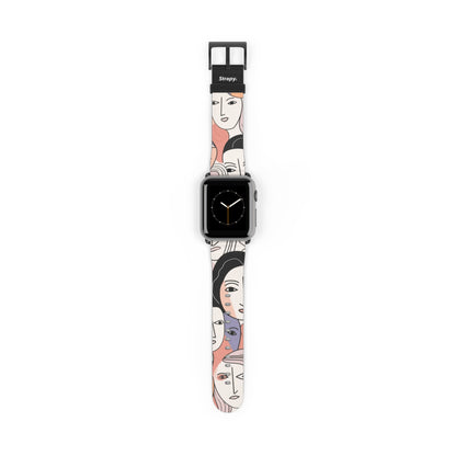 Abstract Minimalist Drawing Pastel Women Faces Pattern - Leather Apple Watch Strap/Band