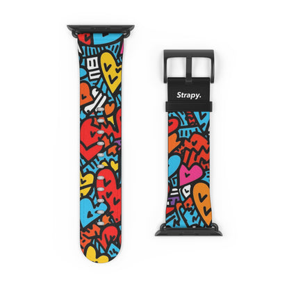 Abstract Keith Haring Homage Bold Lines Colorful Heart Faces Pattern Leather Apple Watch Band