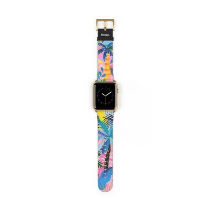 Summer Beach Palms Contemporary Pattern Leather Apple Watch Band