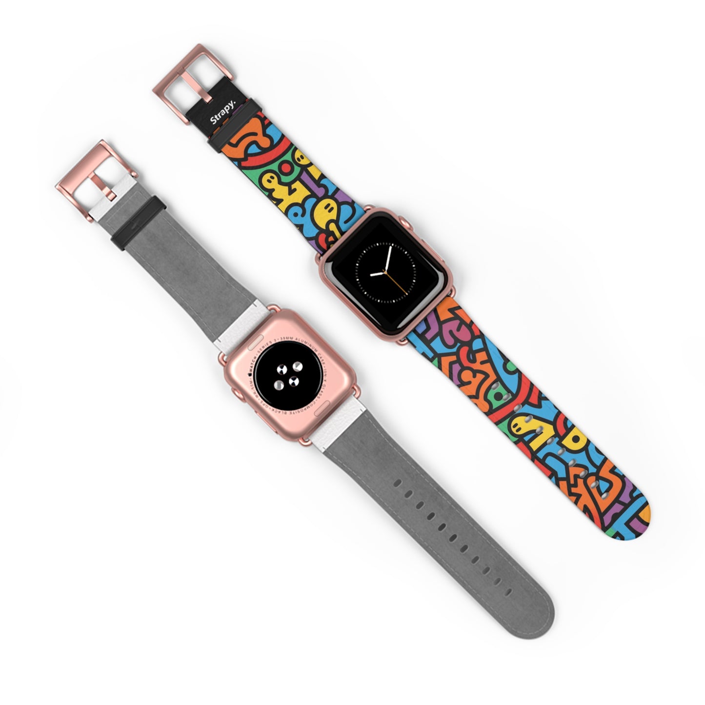 Abstraktes Regenbogen-Glück, kräftiges geometrisches Linienmuster im Keith-Haring-Stil – Apple-Watch-Armband/Armband aus Leder