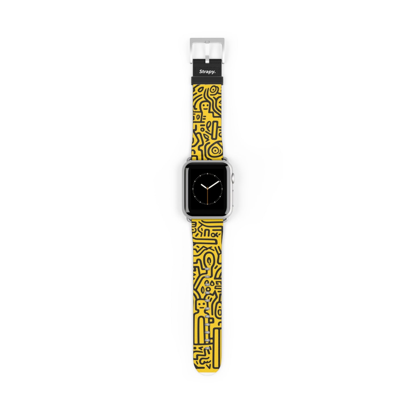 Abstract Keith Haring Homage Yellow Happiness Bold Geometric Line Pattern Leather Apple Watch Band