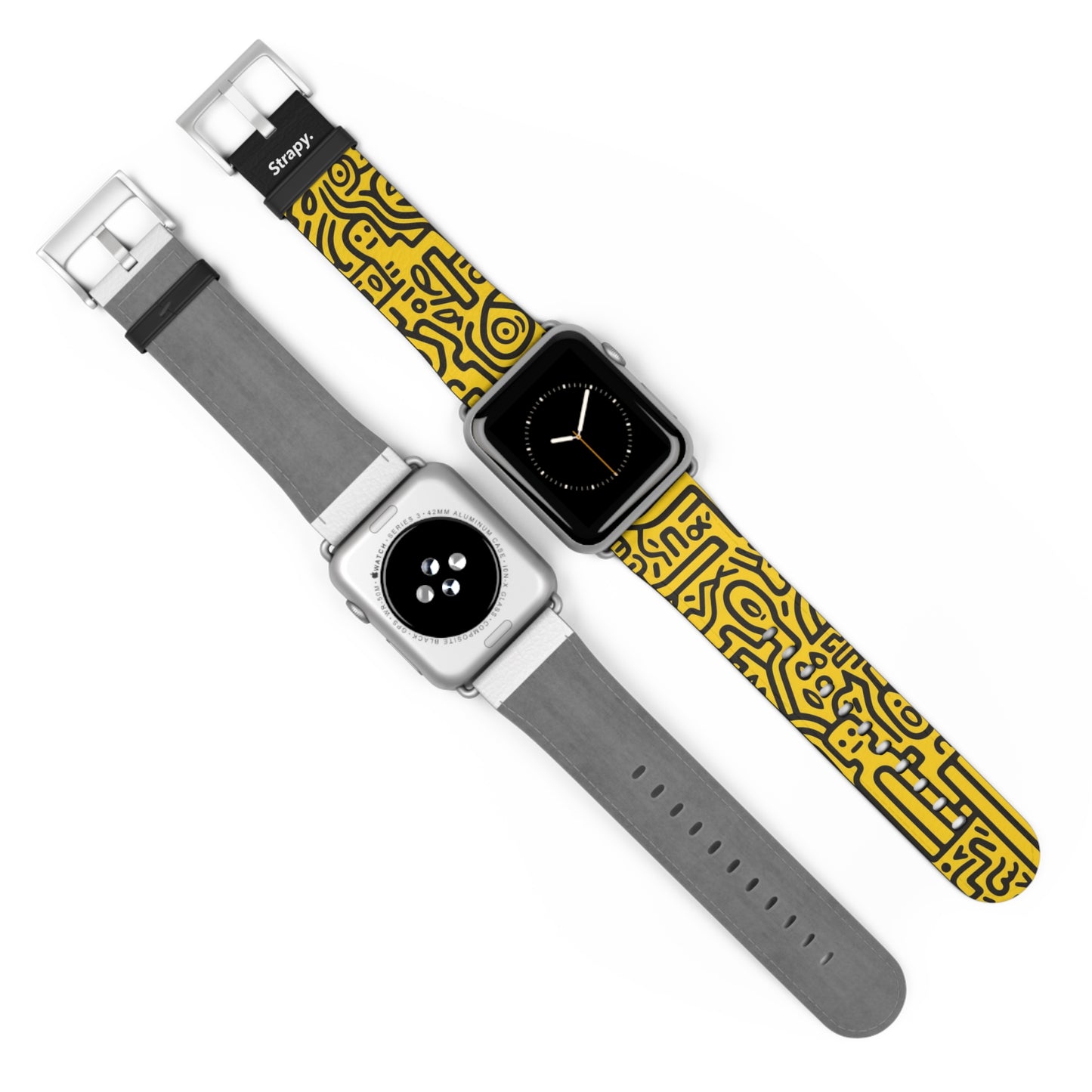 Abstract Keith Haring Homage Yellow Happiness Bold Geometric Line Pattern Leather Apple Watch Band